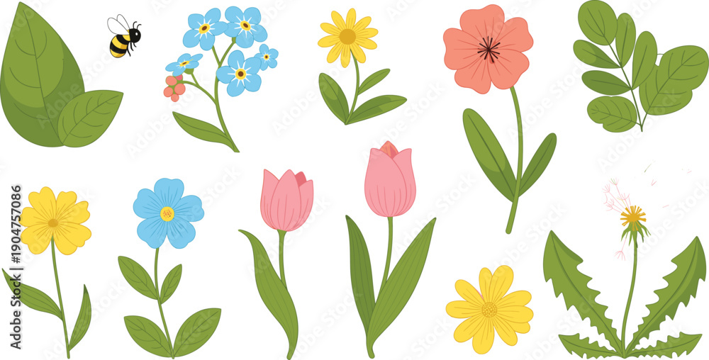Naklejka premium Cute Spring Wildflowers Vector Set – Hand Drawn Botanical Flowers and Leaves Illustration