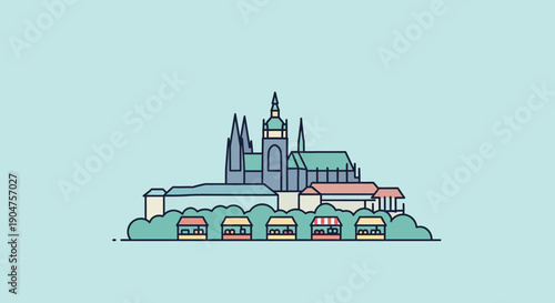 A detailed vector illustration of a European city skyline featuring iconic landmarks and a row of colorful food stalls, capturing a vibrant urban scene