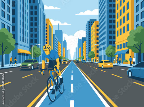 City Street with Cyclist and Tall Buildings.