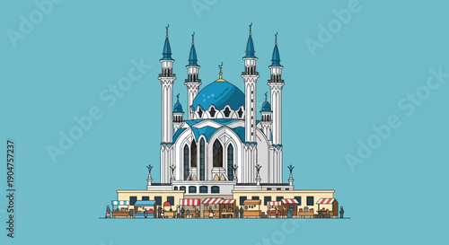 Vibrant illustration of a grand Islamic mosque with bustling market stalls in front, depicting cultural heritage and community life under a clear blue sky