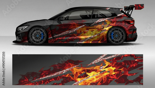Sporty black car with fiery red and orange flame decal design on its side, showcasing a dynamic graphic wrap.