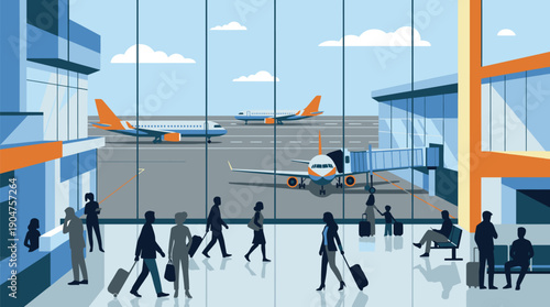 Modern Airport Terminal with Passengers and Aircraft.