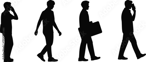 Businessman silhouettes walking and talking on smartphone, professional men carrying briefcase corporate commute isolated vector illustration set for branding marketing advertising design