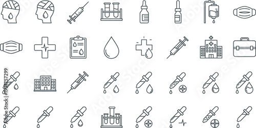 Medical Vaccination Line Icon Set – Healthcare, Syringe & Hospital Outline Vector Collection