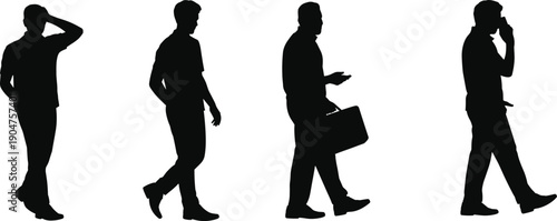 Businessman silhouettes walking and talking on smartphone, professional men carrying briefcase corporate commute isolated vector illustration set for marketing branding advertising design