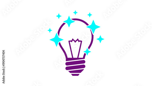 Brilliant Idea Light Bulb Icon with Sparkles. Creative Innovation Concept, Eureka Moment Vector Symbol, Purple and Teal Graphic Design.