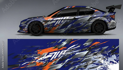 A sports car with a dynamic blue and orange abstract graphic wrap design.