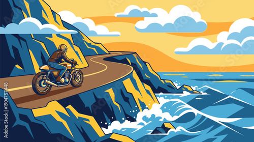 Motorcycle Riding Along Coastal Cliff Road.