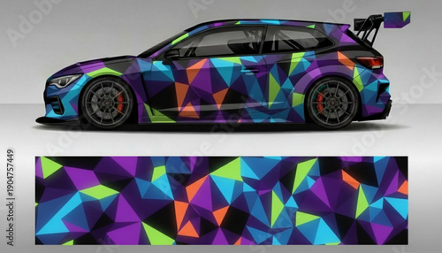 Vibrant geometric triangle pattern car wrap design on a modern hatchback vehicle.