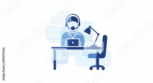 Customer service representative wearing headset at desk with laptop and lamp, business concept illustration