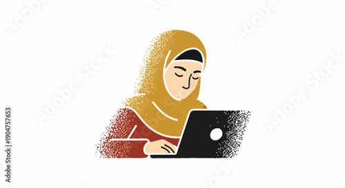 Young Muslim Woman Wearing Hijab Working on a Laptop, Illustrating Education, Technology, and Modern Muslim Lifestyle