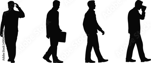 Businessman silhouettes walking, talking on phone and carrying briefcase, corporate professional people collection isolated on white background vector illustration design pack
