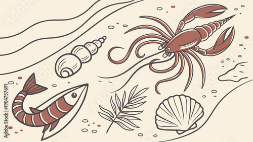 Vintage hand drawn illustration of marine life featuring a lobster fish and shells on a sandy background.