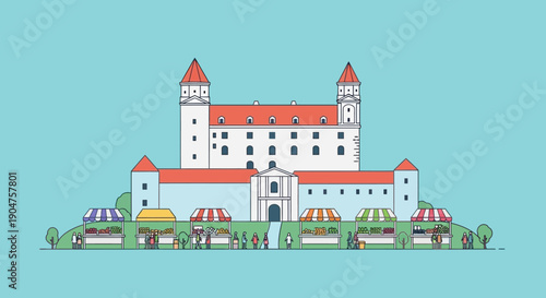 A charming illustration of Bratislava Castle, a historical landmark, bustling with a lively outdoor market featuring diverse stalls and people enjoying the festive atmosphere under a clear blue sky