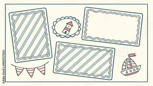 Hand drawn nautical themed frame and doodle set featuring a lighthouse sailboat and bunting