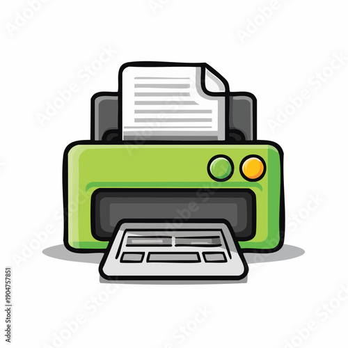 Modern flat style vector icon of a vibrant green printer, actively processing a document with paper entering and exiting, ideal for digital printing and office equipment