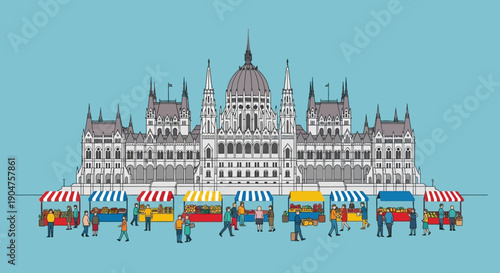 A vibrant European city marketplace bustling with activity in front of a grand, historic government building, showcasing local commerce and community spirit on a clear day