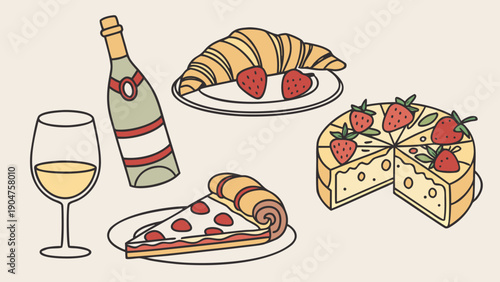 Various food and drink items including pizza slice, strawberry cake, croissant, and wine bottle