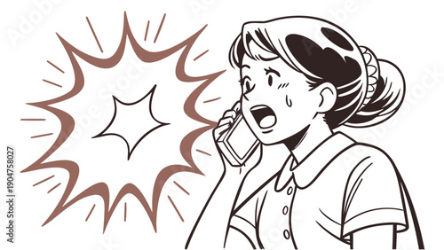 Shocked woman talking on a smartphone with a dramatic starburst graphic in manga style