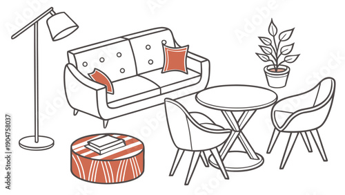 Minimalist hand drawn sketch of a cozy living room with sofa table and floor lamp