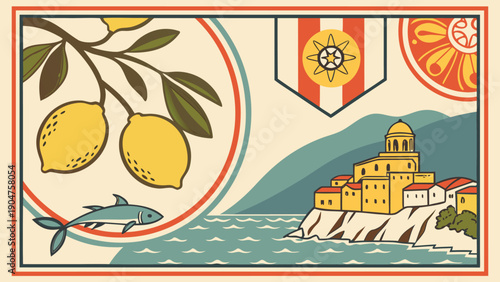 Vintage travel poster illustration of a scenic mediterranean coastal town with lemons and fish