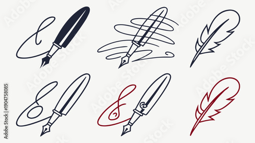 Collection of fountain pen and quill feather icons with ink strokes in various styles and colors