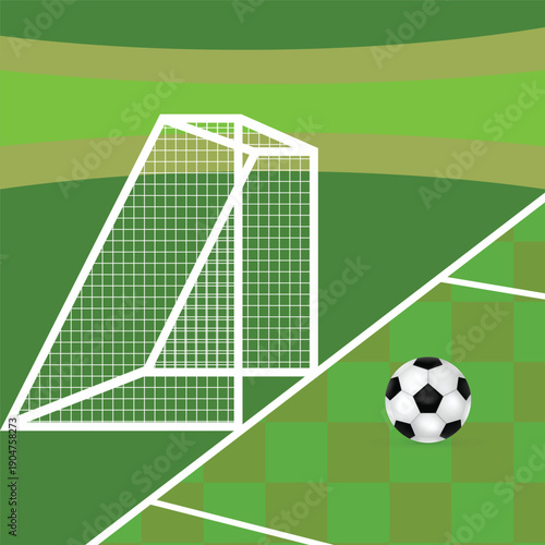 Professional soccer penalty kick concept with centered ball, goalpost and net, modern flat design field layout, suitable for football match advertising, championship visuals, sports education content,