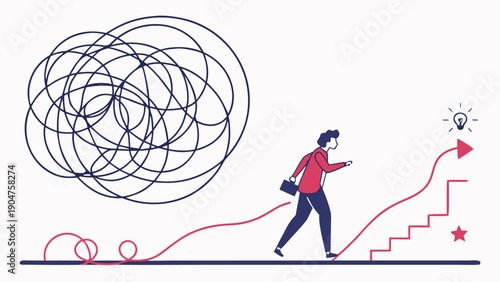 Illustration of a businessman finding a clear path and solution from a tangled mess of confusion.