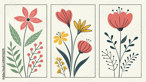 Set of three minimalist hand drawn floral illustrations with vintage style and soft colors