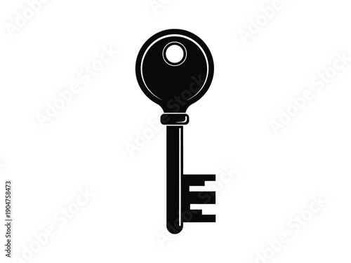 Classic black key icon with a circular head, representing access, security, solutions, and secrets in a simple graphic style