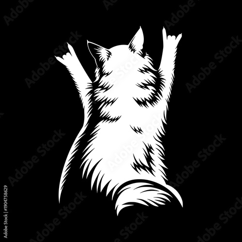 A black and white cat raises both hands in a rock gesture expressing music energy freedom rebellion and bold attitude in a strong graphic illustration on a dark background.
