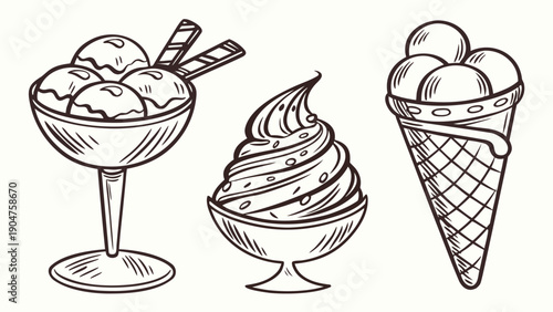 Hand drawn sketch illustration of ice cream scoops in a glass bowl and a waffle cone.