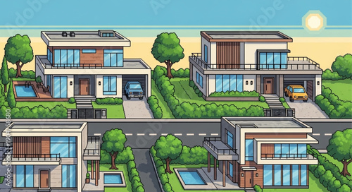 Modern Luxury Homes with Swimming Pools and Green Lawns.