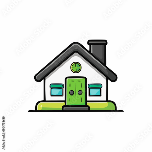Clean flat vector icon of a charming house with a green door and black roof. Ideal for real estate, home, and property graphic design, web, and app interfaces
