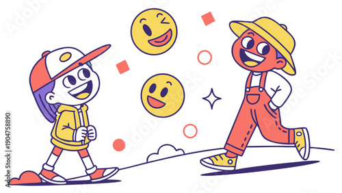 Happy cartoon characters with smiley face icons in a minimalist illustration style