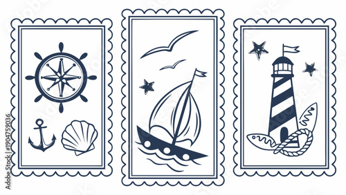 Collection of three vintage style nautical postage stamps with maritime icons like anchors and ships.