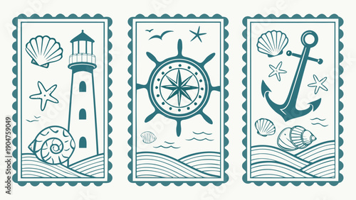 Set of three vintage nautical postage stamps featuring a lighthouse, ship wheel, and anchor.