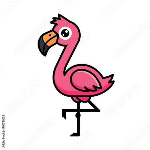Vector illustration of a pink flamingo standing on one leg against a clean white background with a cartoonish and playful mood.