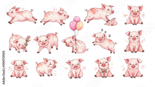 Hand Drawn Watercolor Piglet Icon Collection Artistic Set