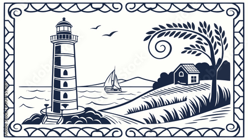Wide horizontal decorative frame featuring a coastal landscape with a tall lighthouse, a distant sailboat, and a cottage on a grassy hill.