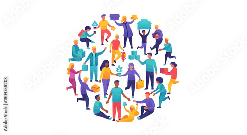 Illustration of diverse people from various professions and ages forming a globe, symbolizing global impact and collaboration for social justice and humanitarian aid on World NGO Day with