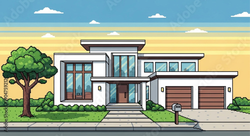 Modern Luxury House Exterior With Large Windows and Garage.