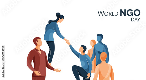 Illustration of diverse people collaborating and supporting each other on World NGO Day with a flat design style against a clean white background.