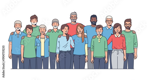 Diverse group of people standing together in a line, representing community support and advocacy for vulnerable populations on World NGO Day with a collaborative and supportive mood.