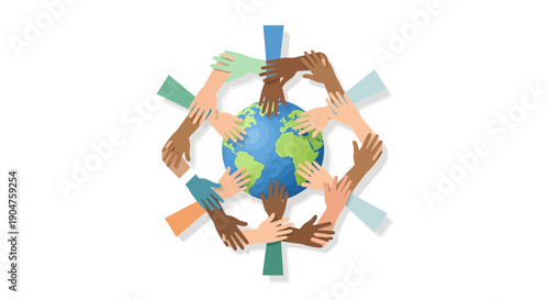 Wallpaper Mural Illustration of diverse hands around the Earth, symbolizing global support and unity for World NGO Day with a focus on community and social justice advocacy. Torontodigital.ca
