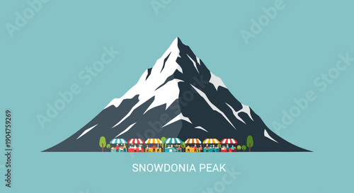 A striking flat illustration of the iconic Snowdonia Peak, showcasing its snowy summit and a charming row of colorful stalls or tents at its base, evoking a sense of adventure and natural beauty