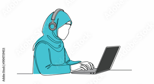 Muslim woman in hijab wearing headphones and working on a laptop, continuous line drawing, modern digital illustration
