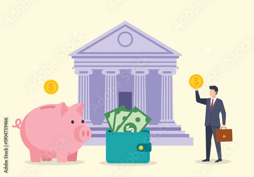 Businessman Saving Money with Piggy Bank and Wallet in Front of Bank Building Financial Investment Concept Vector Illustration