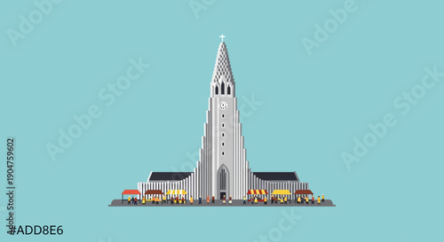 Hallgrimskirkja Church, a Pixelated Architectural Masterpiece in Reykjavik, Iceland, Showcasing Unique Design and City Landmark Status with a Bright Sky Backdrop