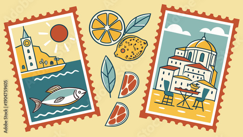 Vector illustration of vintage postage stamps featuring mediterranean landscapes and citrus fruit